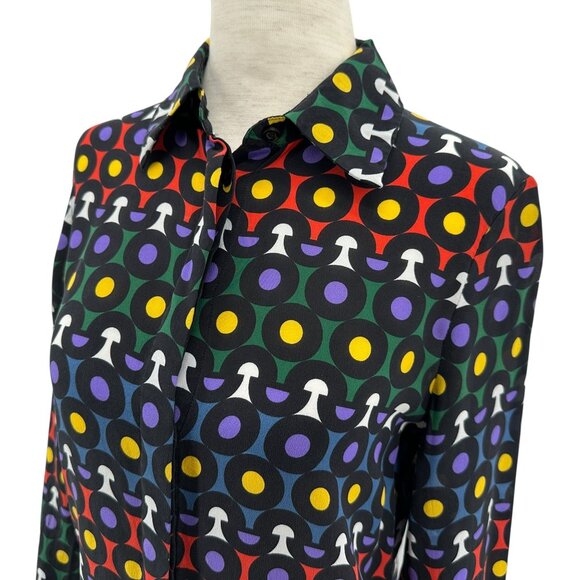 Alice + Olivia Womens XS Top Willa Silk Placket Multicolor Print Button Blouse - Picture 2 of 9